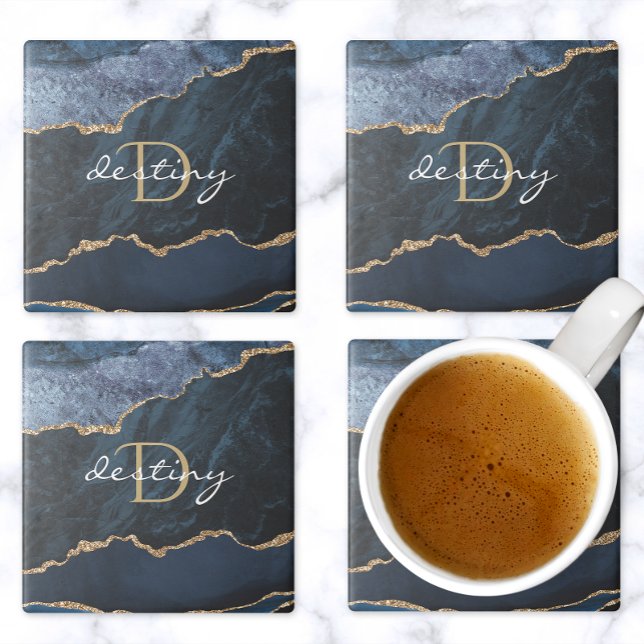 Monogram Agate Geode Navy Blue Gold Stone Coaster (Creator Uploaded)