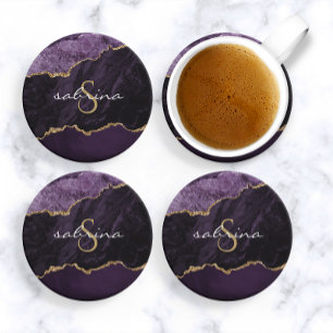 Monogram Agate Geode Purple Gold Sandstone Coaster
