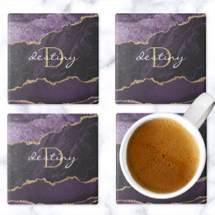 Monogram Agate Geode Purple Gold Stone Coaster