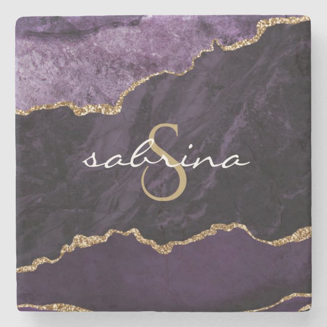 Monogram Agate Geode Purple Gold Stone Coaster (Front)