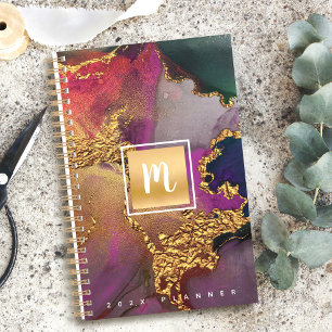 Monogram agate watercolor gold purple blue green planner