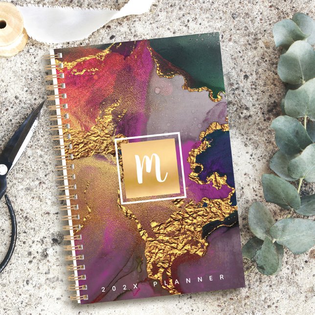 Monogram agate watercolor gold purple blue green planner (Creator Uploaded)