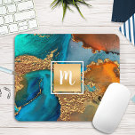 Monogram agate watercolor gold turquoise orange mouse pad<br><div class="desc">A sparkly, faux gold foil square with a script typography monogram initial overlays a rich, gold veined, turquoise blue, and yellow orange watercolor background on this elegant, trendy, girly, monogramed mousepad. Makes a chic and stylish statement every time you use it. A great gift for a friend, as well as...</div>