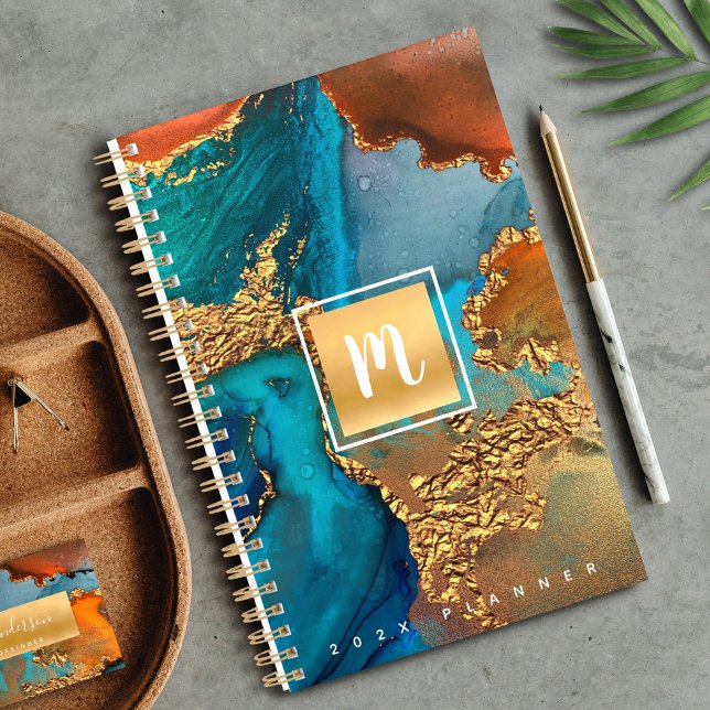 Monogram agate watercolor gold turquoise orange planner (Creator Uploaded)