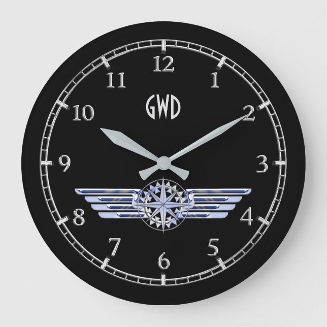 Monogram Air Pilot Silver Wings Compass on a Large Clock (Front)