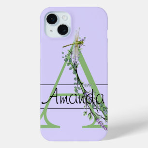 Monogram alphabet A  Lavender Eucalyptus Dragonfly iPhone 15 Mini Case