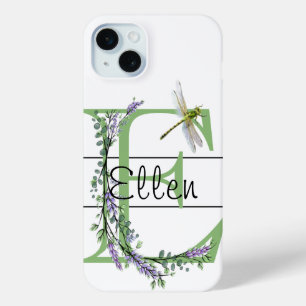 Monogram alphabet E Lavender Eucalyptus Dragonfly iPhone 15 Mini Case