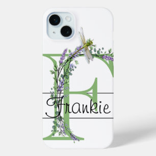 Monogram alphabet F Lavender Eucalyptus Dragonfly iPhone 15 Mini Case