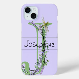 Monogram alphabet J Lavender Eucalyptus Dragonfly iPhone 15 Mini Case