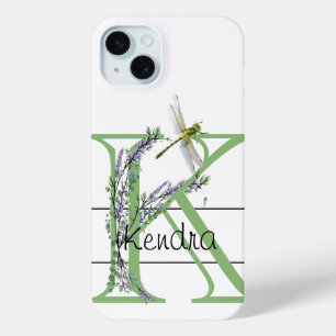 Monogram alphabet K Lavender Eucalyptus Dragonfly iPhone 15 Mini Case