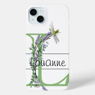 Monogram alphabet L Lavender Eucalyptus Dragonfly iPhone 15 Mini Case
