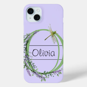 Monogram alphabet O Lavender Eucalyptus Dragonfly iPhone 15 Mini Case