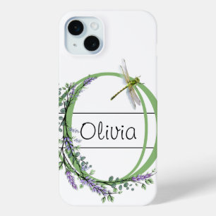 Monogram alphabet O Lavender Eucalyptus Dragonfly iPhone 15 Mini Case