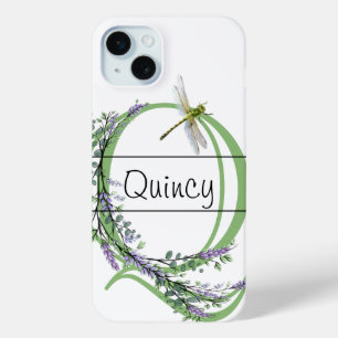 Monogram alphabet Q Lavender Eucalyptus Dragonfly iPhone 15 Mini Case