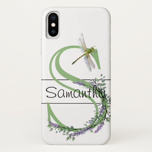 Monogram alphabet S Lavender Eucalyptus Dragonfly Case-Mate iPhone Case (Back)