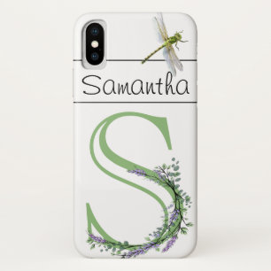 Monogram alphabet S Lavender Eucalyptus Dragonfly iPhone X Case