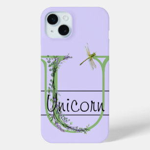 Monogram alphabet U Lavender Eucalyptus Dragonfly iPhone 15 Mini Case