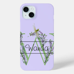 Monogram alphabet W Lavender Eucalyptus Dragonfly iPhone 15 Mini Case