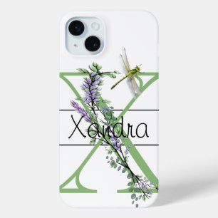 Monogram alphabet X Lavender Eucalyptus Dragonfly iPhone 15 Mini Case