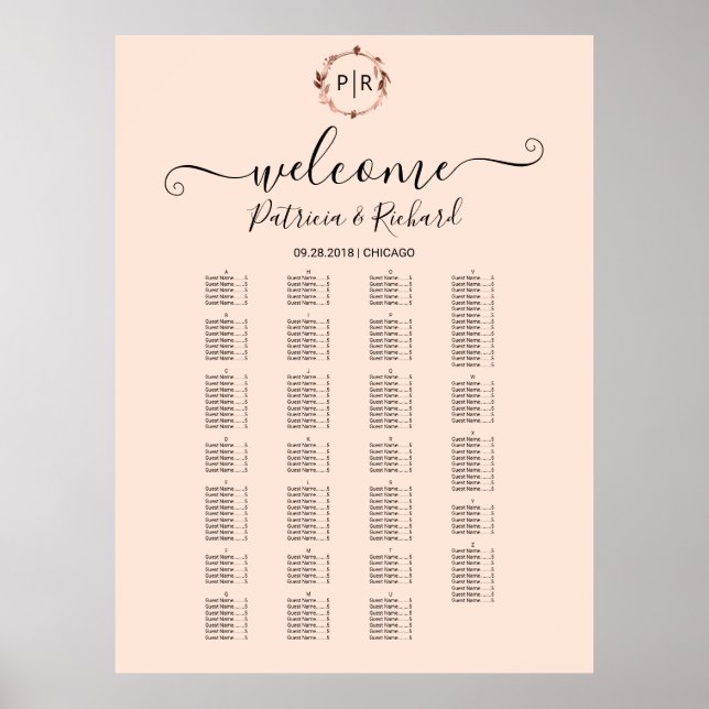 Monogram Alphabetical Seating Chart Sign Board (Front)