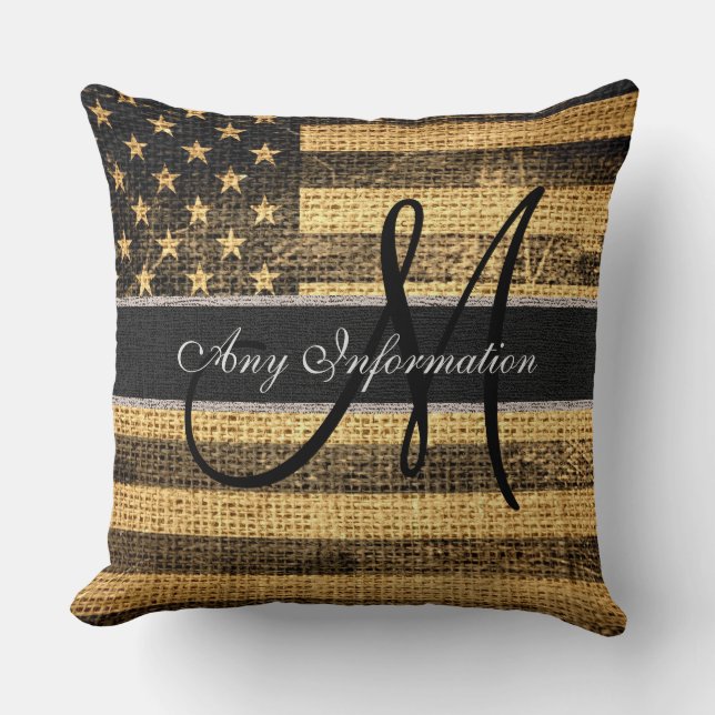 Monogram American Flag Burlap Linen Rustic Jute #2 Cushion (Front)