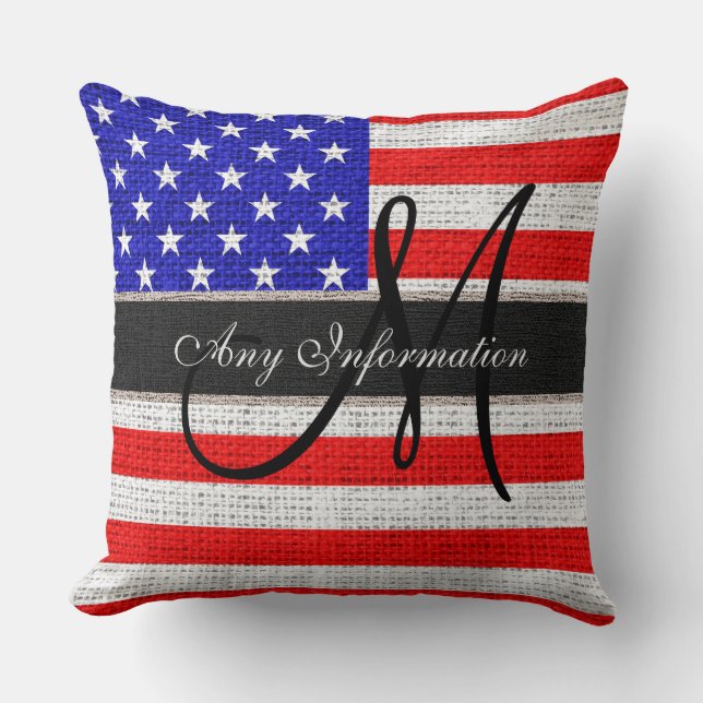 Monogram American Flag Burlap Linen Rustic Jute Cushion (Front)