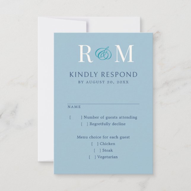 Monogram Ampersand Dusty Navy Teal Blue Wedding RSVP Card (Front)