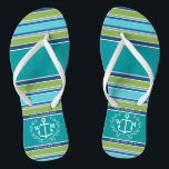 Monogram Anchor Laurel Wreath Stripes Aqua Thongs<br><div class="desc">An elegant white anchor with laurel leaf wreath is the centerpiece of this simple, trendy, colourful design featuring stylish stripes in various tones of blue, green and grey. Fresh, fun, nautical design perfect for the hot Summer season. This design is gender neutral/fluid and will work for all couples. Customise with...</div>