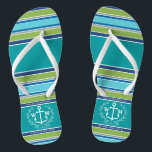 Monogram Anchor Laurel Wreath Stripes Aqua Thongs<br><div class="desc">An elegant white anchor with laurel leaf wreath is the centerpiece of this simple, trendy, colourful design featuring stylish stripes in various tones of blue, green and grey. Fresh, fun, nautical design perfect for the hot Summer season. This design is gender neutral/fluid and will work for all couples. Customise with...</div>