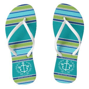Monogram Anchor Laurel Wreath Stripes Aqua Thongs