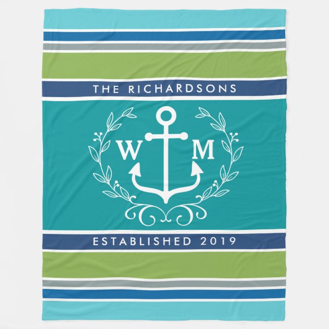 Monogram Anchor Laurel Wreath Stripes Nautical Fleece Blanket (Front)