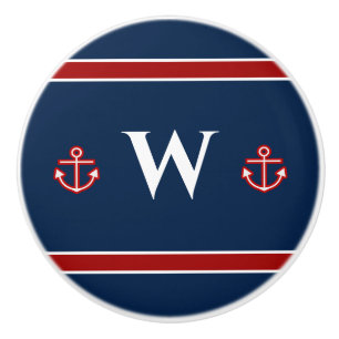 Monogram Anchor Nautical Red White Blue Stripes Ceramic Knob