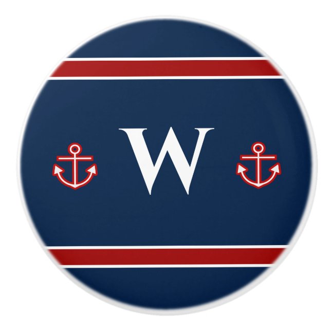 Monogram Anchor Nautical Red White Blue Stripes Ceramic Knob (Front)