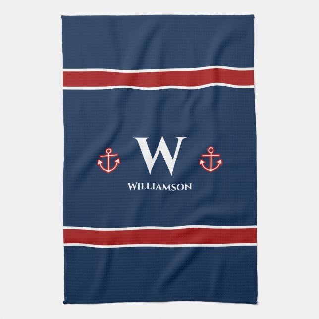Monogram Anchor Nautical Red White Blue Stripes Tea Towel (Vertical)