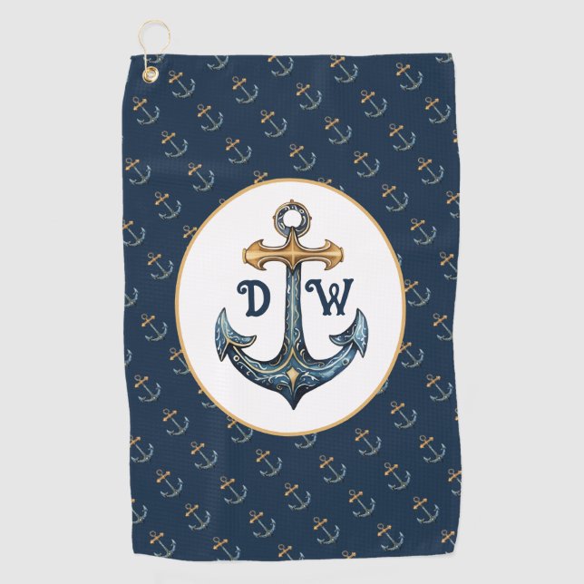 Monogram Anchor Navy Blue Golf Towel (Front)