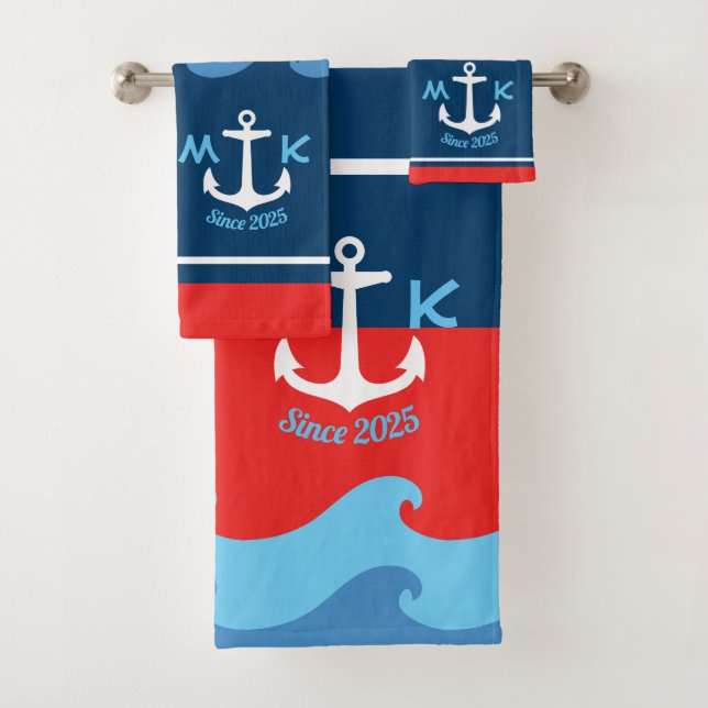 Monogram Anchor Waves Boat Red White Blue Nautical Bath Towel Set (Insitu)