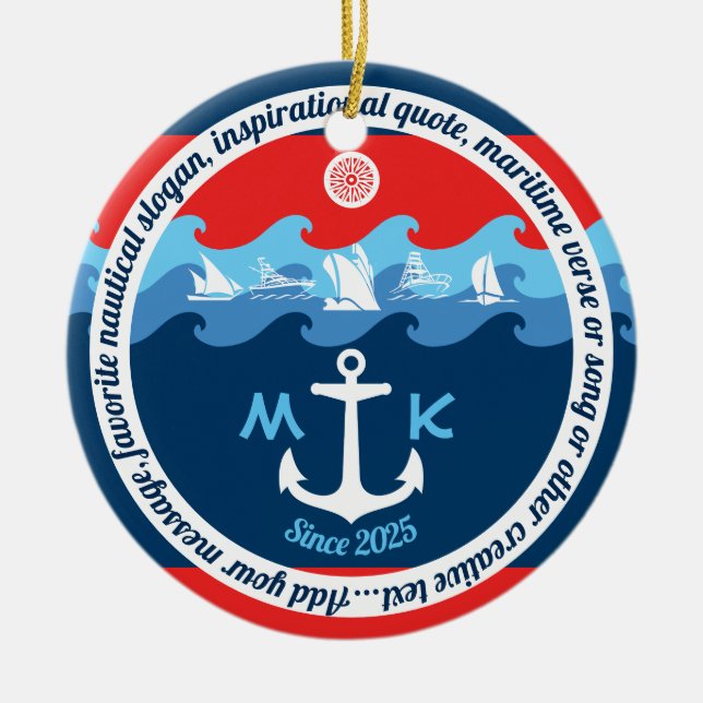 Monogram Anchor Waves Boat Red White Blue Nautical Ceramic Ornament (Front)