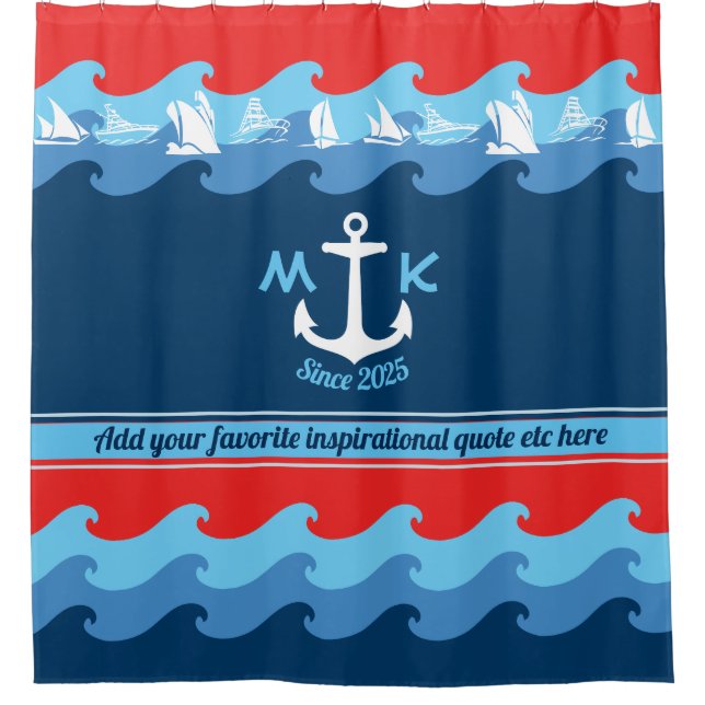 Monogram Anchor Waves Boat Red White Blue Nautical Shower Curtain (Front)