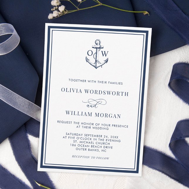 Monogram Anchor White Navy Nautical Wedding Invitation (Creator Uploaded)