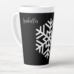 Monogram and Big White Snowflake on Black Latte Mug