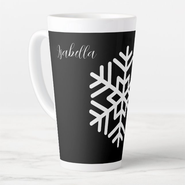 Monogram and Big White Snowflake on Black Latte Mug (Left Angle)