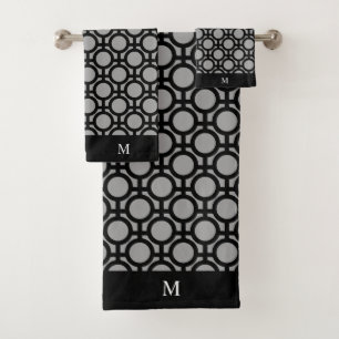 Monogram and Black Abstract Circles on Grey Bath Towel Set