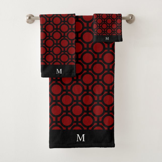 Monogram and Black Abstract Circles on Red Bath Towel Set (Insitu)