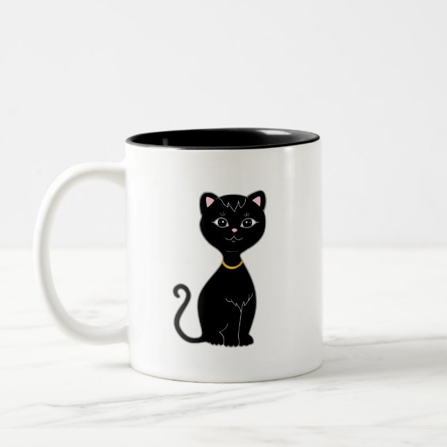 Monogram and Cute Black Cat Two-Tone Coffee Mug (Left)