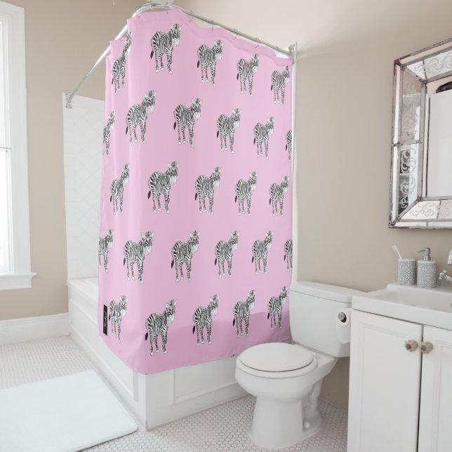 Monogram and cute Zebra stylish pink pattern Shower Curtain (In Situ)