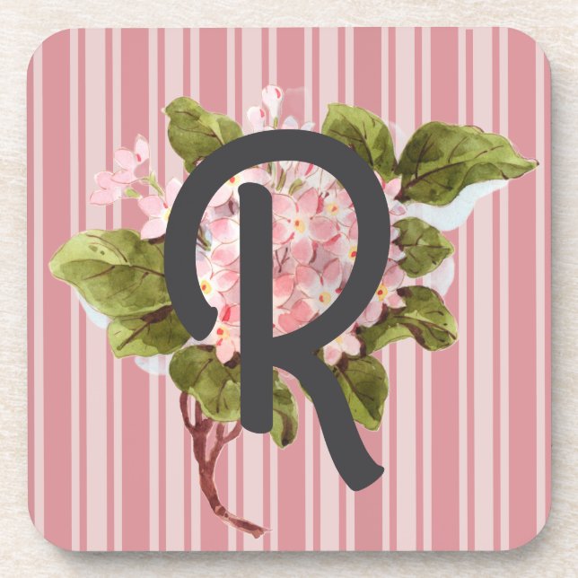 Monogram and Flowers on Pink Stripes Coaster (Front)
