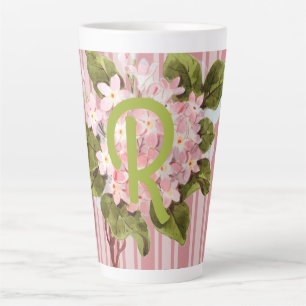 Monogram and Flowers on Pink Stripes Latte Mug