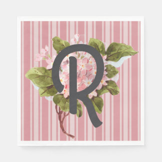 Monogram and Flowers on Pink Stripes Napkin