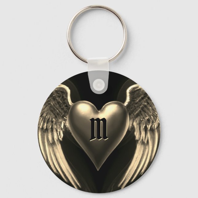 Monogram and Gold Angel Wings Key Ring (Front)