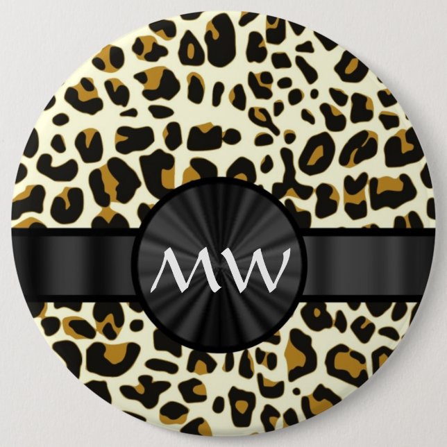 Monogram and leopard print 6 cm round badge (Front)